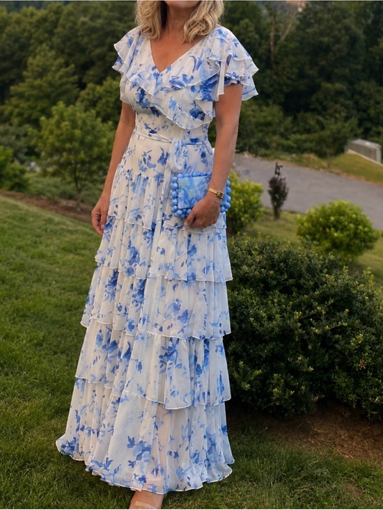 Ralph Lauren Dresses & Skirts - Ralph Lauren White and Blue Floral Tiered Maxi Dress